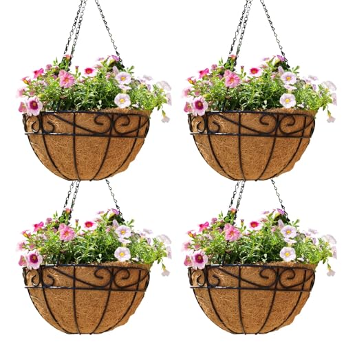 12 inch Metal Hanging Baskets For Plants Outdoor 4 Pack Round Metal Wire Hanging Basket Planter with Coco Fiber Liners Chain Round Wire Plant Holder for Garden, Patio, Deck, Porch Plants Flower Potss - size: 12 Inch, style: Flower Border