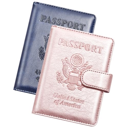 Herain Passport Holder for Travel Essentials, 2 Pcs Passport Cover Wallet Case Travel Gifts Women Men Family, RFID Passports Book Card Holders Travels Cruise Accessories Must Haves - color: B-Dark Blue + Rose Gold, style: Upgraded