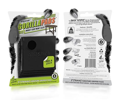 Slipstick GorillaPads Non Slip Furniture Pads/Gripper Floor Protectors (Set of 4) 3 Inch Square Self Adhesive Rubber Stoppers for Furniture Legs, CB155 - size: 3" Square