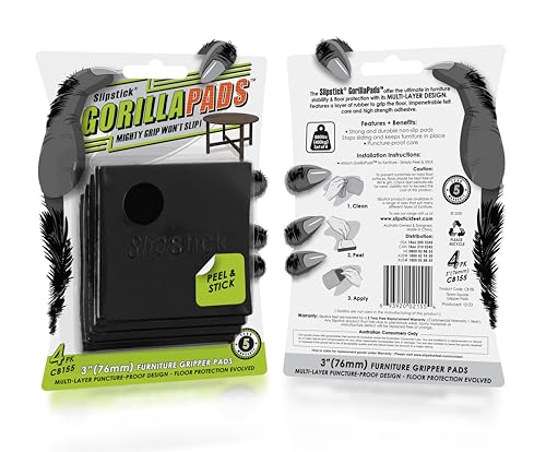 Slipstick GorillaPads Non Slip Furniture Pads/Gripper Floor Protectors (Set of 4) 3 Inch Square Self Adhesive Rubber Stoppers for Furniture Legs, CB155 - size: 3" Square