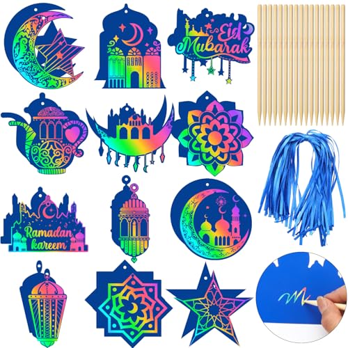 Motipuns 96 Pcs Blue Ramadan Craft Scratch Paper Eid Mubarak Art Kits Magic Color Scratch Off Cards Hanging Ornaments Craft Al-fitr Home Activity for DIY Drawing Project Party Supplies - color: Blue, style: Ramadan Eid