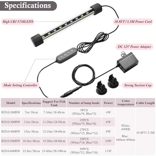 Dirvin LED Fish Tank Light with Timer, 24/7 Mode & 3 Color Aquarium Light | Submersible Adjustable Brightness, IP68 Waterproof, Sunrise-Daylight-Moonlight, Auto On/Off for fresh and salt water, 4W - size: 7in