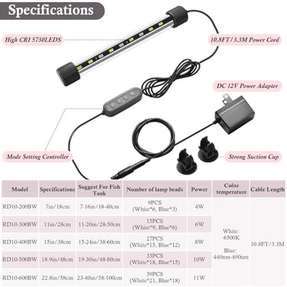 Dirvin LED Fish Tank Light with Timer, 24/7 Mode & 3 Color Aquarium Light | Submersible Adjustable Brightness, IP68 Waterproof, Sunrise-Daylight-Moonlight, Auto On/Off for fresh and salt water, 4W - size: 7in