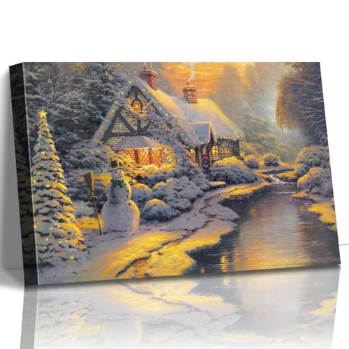 STUDIO HAVEN Thomas Kinkade Canvas Wall Art, Christmas Cottage Snowman Lit Tree Snow-Covered Home and Winter Stream Oil Painting Poster Holiday Wall Decor, Framed Prints for Home Decor, 16x12Inch - color: Thomas034, size: 16"L x 12"W
