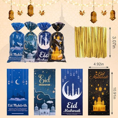 Hying 100 PCS Eid Mubarak Cellophane Bags with Twist Ties for Gift, Muslim Ramadan Cello Bag Eid Mubarak Castle Candy Bags Festival Moon Star Treat Bags for Cookie Candy Goodies Wrapping Supplies - color: Style 2: Eid Bags