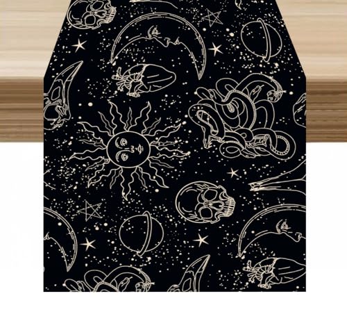 Moon Table Runner Black Mystical Element Skull Moon Sun Planet Decor for Indoor Outdoor Party Dinner Festival Farmhouse Holiday Home Kitchen Dining Room, 13x36in - color: Moon-black, size: 13x36in