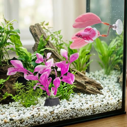 4 PCS Pink Fish Tank Decor, Fish Hammock Resting Leaf, Artificial Underwater Plants Decorations, Set of Two Pink Aquarium Decor with Two Betta Fish Leaves