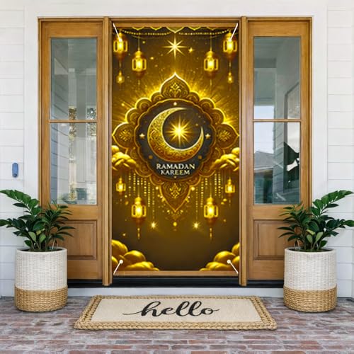 1PC 2D Flat Ramadan Greeting Door Banner with Crescent Moon Lanterns and Stars Gold Islamic Wall Decor for Eid Mubarak Home Porch Decorations Muslim Holiday Party Celebration - color: Colorful Banner#03