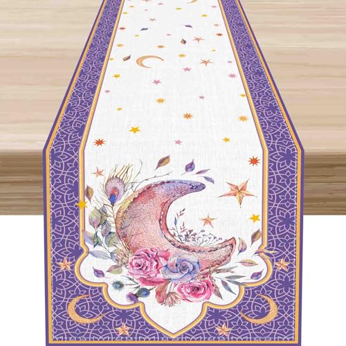 Boho Floral Table Runner, Retro Watercolor Moonlit Moon Phase Gothic Witch Mystical Purple Coffee Table Center Decor for Home Kitchen Dining Patio Holiday Party Table Decorations, 13"x36" Inch - color: Moon Phase-5, size: 13x36" Table Runner