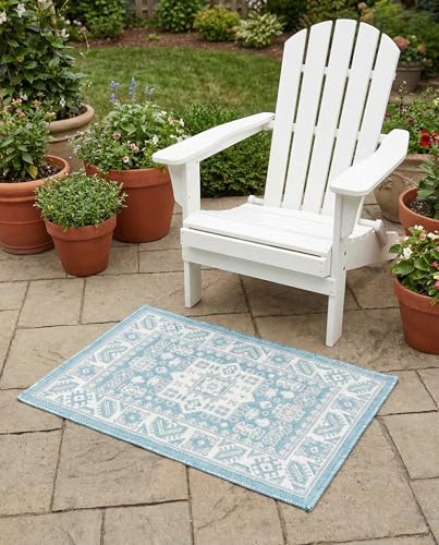 Rugs.com - Outdoor Aztec Rug – 2' x 3' 1 Aqua Indoor/Outdoor Rug – Washable Stain-Resistant Flatweave for Patios, Decks, and Entryways - color: Aqua, size: 2' x 3' (Rectangular)