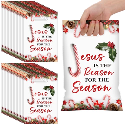 Panelee 100 Pcs Jesus Is the Reason Xmas Plastic Gift Bags with Handles - style: Jesus is the Reason for the Season