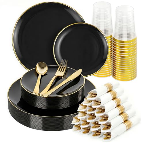 175pcs Plastic Dinnerware Set Black and Gold for 25 Guests - color: Black, size: 175pcs（25guests）