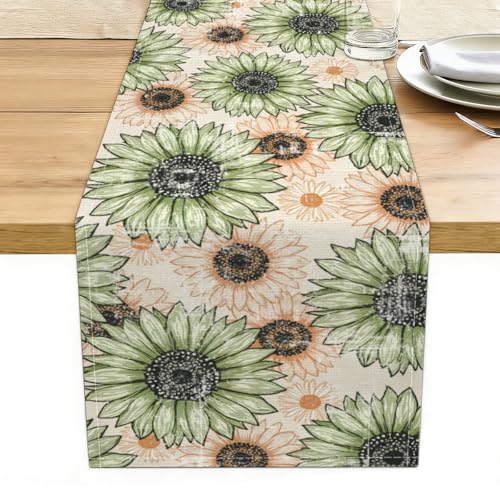 Green Retro Daisy Spring Table Runner, Housewarming Gifts for Women Mom - color: Vintage Sunflower