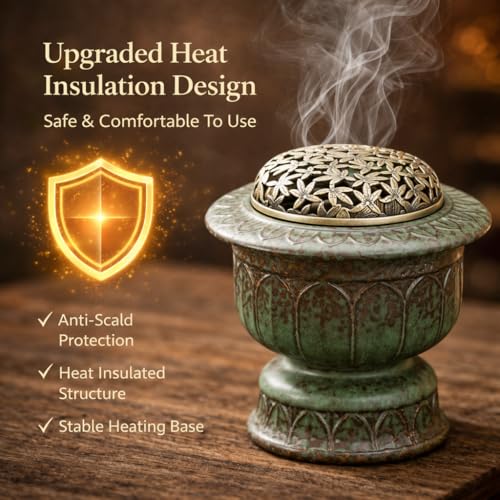 Ceramic Holder Electric Incense Burner, Classical Patterns, Elegant and High-end Hollow Design，Ultra-High Temperature, Dual Layer Protection