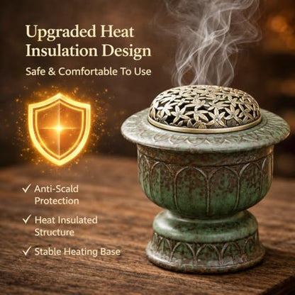 Ceramic Holder Electric Incense Burner, Classical Patterns, Elegant and High-end Hollow Design，Ultra-High Temperature, Dual Layer Protection