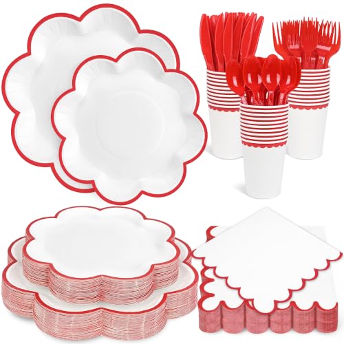 350 Pcs Red and White Paper Plates and Napkins Set, Serve for 50 Guests - color: White with Red Edge