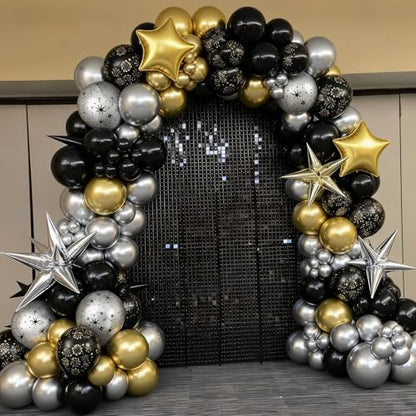 Black and Gold Balloons, Black Silver Gold Balloons, Silver Star Fireworks Printed Balloon With Star Foil Balloon For New Year Retirement Graduation Birthday Baby Shower Party Wedding Celebration - color: Black Silver Gold