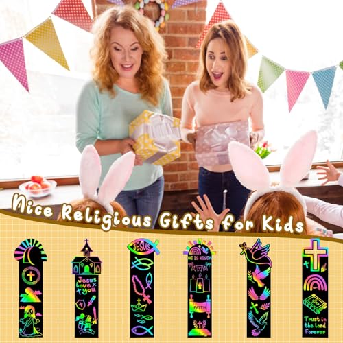 JUNEBRUSHS 30Pcs Religious Crafts for Kids, Easter Rainbow Color Scratch Art Bookmarks Resurrection Cross Religious Gifts for Kids Sunday School Church Bible Crafts Kits - style: Religious Style