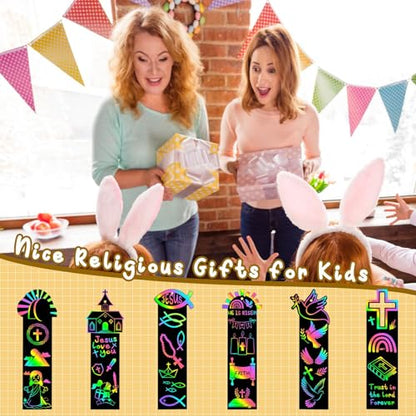 JUNEBRUSHS 30Pcs Religious Crafts for Kids, Easter Rainbow Color Scratch Art Bookmarks Resurrection Cross Religious Gifts for Kids Sunday School Church Bible Crafts Kits - style: Religious Style