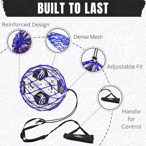 PodiuMax Handle Solo Soccer Kick Trainer with New Ball Locked Net Design, Soccer Ball Bungee Elastic Training Juggling Net (Fits Ball Size 3, 4, 5) - color: Blue