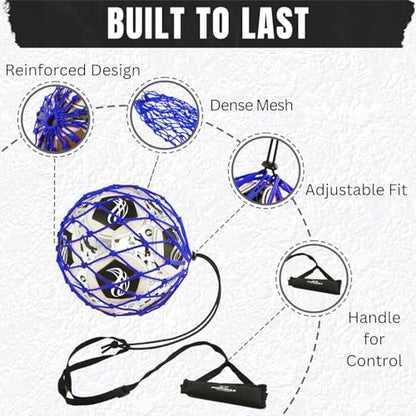 PodiuMax Handle Solo Soccer Kick Trainer with New Ball Locked Net Design, Soccer Ball Bungee Elastic Training Juggling Net (Fits Ball Size 3, 4, 5) - color: Blue