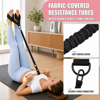 Multifunction Resistance Bands with Handles, Upgraded Dual D-Ring | 3-Tube Adjustable Resistance: 30/60/90 LB | Beech Wood Handle | Wide Foot Pedals | for Abdomen, Waist, Arm, Leg, Pilates - color: Black