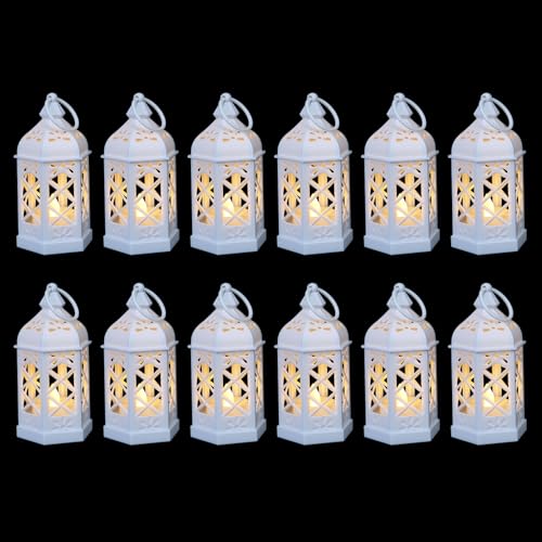12-Pack Mini Moroccan Lanterns with LED Candle for Ramadan, Wedding, Festivals, Small Decorative Lanterns Shatterproof for Baby Shower & Table Centerpiece, Ornament, Party Decor, White - color: White