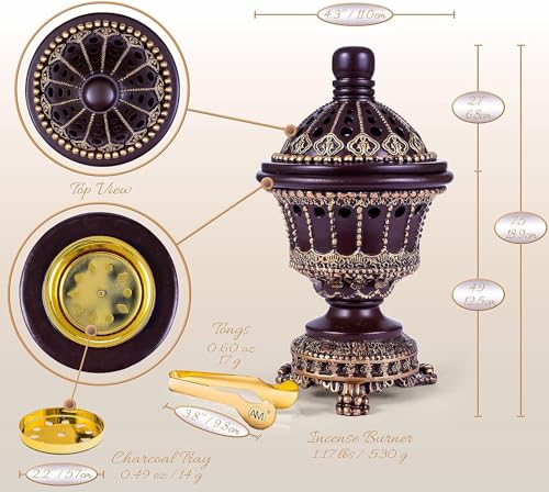 AM Charcoal Incense Cone Burner – Resin & Charcoal Holder for Bakhoor – Decorative Mabkhara Style Aroma Diffuser for Home, Office, Relaxation Spaces – Complete Set with Tongs (Brown)