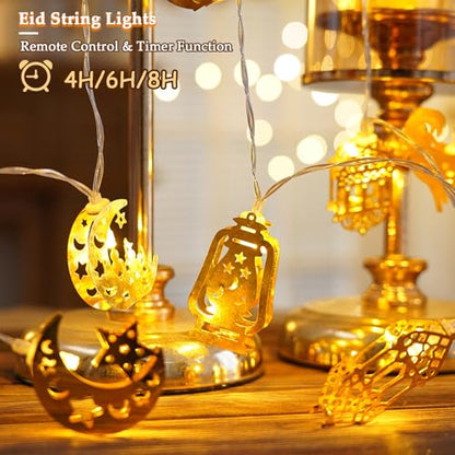 Ramadan Eid Mubarak Lights, Metal Islamic Lantern Moon Decor Lights with Remote Control, 8 Lighting Modes & 2 Brightness, Ideal for Eid Home Party Fireplace Wall Decor Indoor - style: Eid Decorations