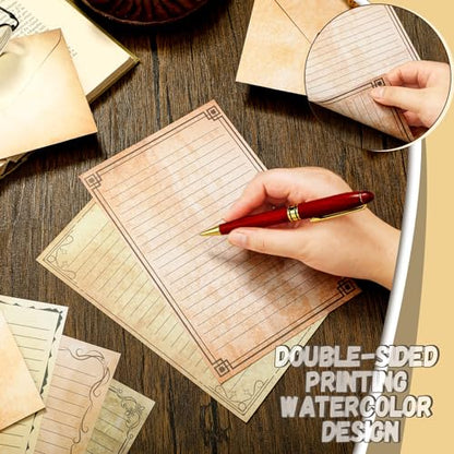TaoBary 160 Pcs Stationery Paper Set 50 Double Sided Stationery Papers with 50 Matching Envelopes and 60 Round Dot Sticker, 10 Design(Vintage,5.5 x 8.25 Inch) - size: 5.5 x 8.25 Inch, style: Vintage