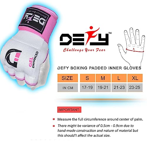 DEFY Padded Inner Gloves Quick 75cm Long Strap – Inner Boxing Gloves Gel Padded Knuckle Protection – Elasticated Boxing Hand Wraps for MMA Muay Thai Kickboxing Martial Arts Pair - color: Pink, size: Medium
