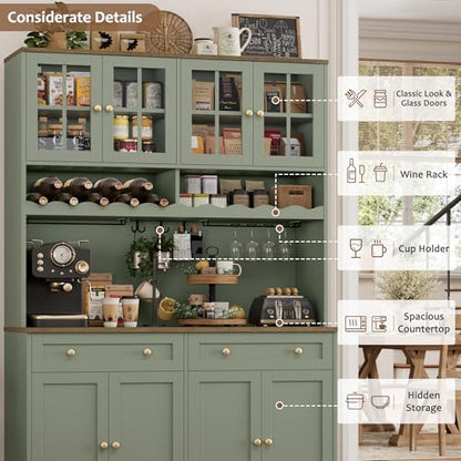 HOSTACK 75" Kitchen Pantry Storage Cabinet, Coffee Bar Hutch Cabinet, Green | Tall Pantry Cabinet with Charging Station / Wide Countertop / Glass Doors / Wine Rack / Cup Holder / Drawers, Dining Room - color: Green
