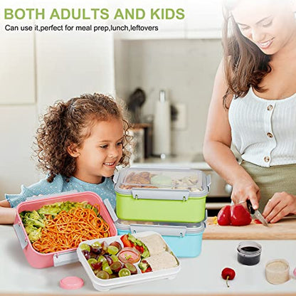 3 Pack Salad Lunch Box Food Storage Containers, 47oz Bento Box To Go Container with Lids, ReusableMeal Prep Containers with Removable Tray & Dressing Pots for Kids and Adults, Microwavable - color: Pink & Green & Light Blue