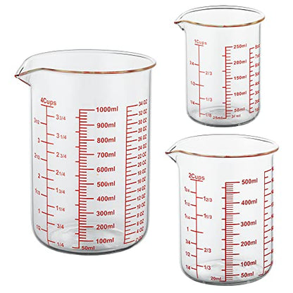 High Borosilicate Glass Measuring Cup Set-V-Shaped Spout，Includes 250ml(8OZ), 500ml(16OZ), and 1000ml(32OZ) Glass Measuring Beaker for Kitchen or Restaurant, Easy to Read - size: 250ml/500ml/1000ml Measuring Cup Set