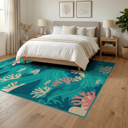 6'x9' Washable Beachy Shark Area Rug, Cream Non-Shedding Pet Friendly Room Rug Foldable Easy Care Carpet for Queen Size Bedroom, Under Bed, Master Suite | Ref:2068009 - color: Blue/Pattern 1, size: 6' x 9' (Rectangular)