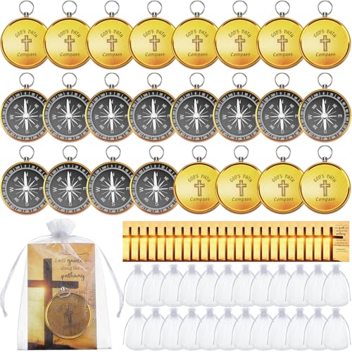 Relaxweex 24 Set Mini Christian Compass Christian Gift for Men Compass with Cards and White Drawstring Organza Bag Bible Scripture Cards Religious Gifts for Men Graduation Gift Wedding - style: Elegant