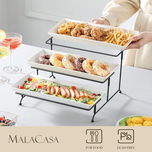 MALACASA 3 Tier Serving Tray, Porcelain Tiered Cupcake Stand, Ceramic Elevated Serving Platter with Collapsible Sturdier Rack,Series PLAT (White, 14 Inch) - color: White, size: 14 Inch