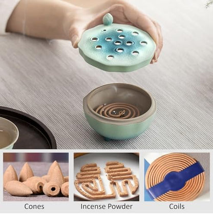 Zen Incense Burner with Lotus Lid Design (Lake Blue), Ceramic Incense Holder for Bakhoor, Stick, Powder, Cone, Coil, and Tower Incense, Home Fragrance Decor