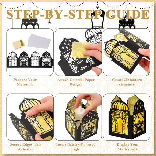 Retisee 24 Pcs Ramadan Eid DIY Lantern Craft Kit, Paper Lanterns with 1000 Gold Yellow Tissue Paper & Double-Sided Tape, Islamic Moon Star Motif Decor for Home Table Mosque Party Art Project - style: Ramadan