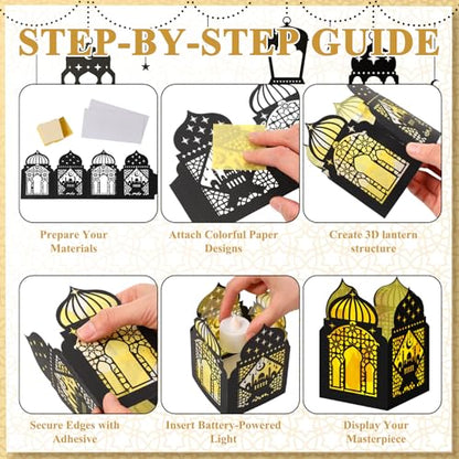 Retisee 24 Pcs Ramadan Eid DIY Lantern Craft Kit, Paper Lanterns with 1000 Gold Yellow Tissue Paper & Double-Sided Tape, Islamic Moon Star Motif Decor for Home Table Mosque Party Art Project - style: Ramadan