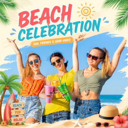 Chuangdi 12 Pcs Summer Beach Party Decoration Cups 24 oz Reusable Tumbler with Lids and Straws Plastic Drinking Cup for Beach Themed Party Favors Hawaiian Tropical Luau Pool Birthday Gifts - style: Beach Theme