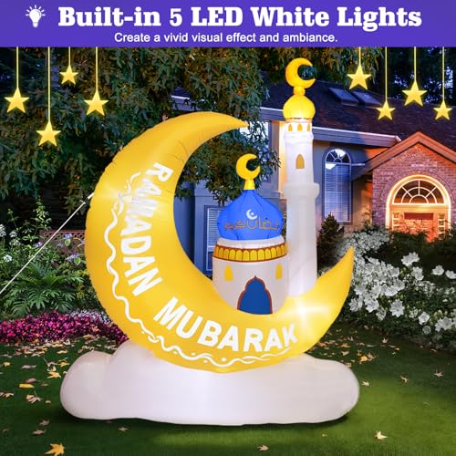 Lewondr 4.92FT Outdoor Inflatable Moon Decorations, Waterproof Inflatable Eid Mubarak Decor, Blow Up Muslim Holy Ramadan Decor with LED Lights, Outdoor Muslim Holidays Inflatables for Yard Garden - style: Moon and Cloud