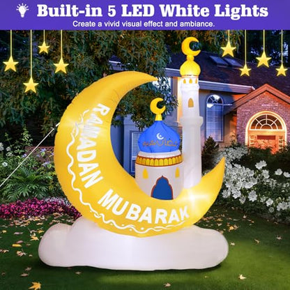 Lewondr 4.92FT Outdoor Inflatable Moon Decorations, Waterproof Inflatable Eid Mubarak Decor, Blow Up Muslim Holy Ramadan Decor with LED Lights, Outdoor Muslim Holidays Inflatables for Yard Garden - style: Moon and Cloud