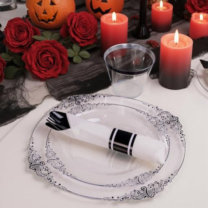 Hioasis 175pcs Clear and Black Plates - Black Party Plates for 25 Guest, Include 50 Heavy-duty Plates(20% Thicker Than Standard), 25 Pre Rolled Gold Plastic Silverware Set, 25 Cups - color: Clear and Black