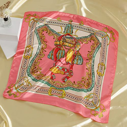 QBSM Womens 23.6 inch Satin Silk Feeling Formal Square Neck Scarf Head Hair Wraps Kerchief - color: Big Chain-pink