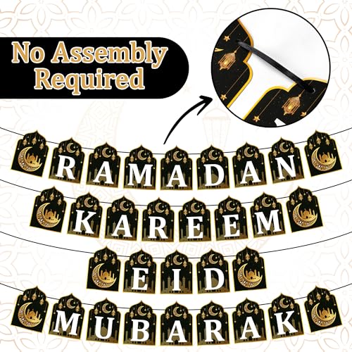 WATINC 4pcs Ramadan Kareem Banner Eid Mubarak Decoration, Ramadan Hanging Banners Decor, No DIY Needed Eid Mubarak Al-Fitr Iftar Party Favor Hang Bunting Supplies for Home Tree Fireplace Wall 10 Feet