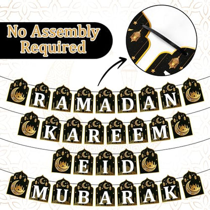 WATINC 4pcs Ramadan Kareem Banner Eid Mubarak Decoration, Ramadan Hanging Banners Decor, No DIY Needed Eid Mubarak Al-Fitr Iftar Party Favor Hang Bunting Supplies for Home Tree Fireplace Wall 10 Feet