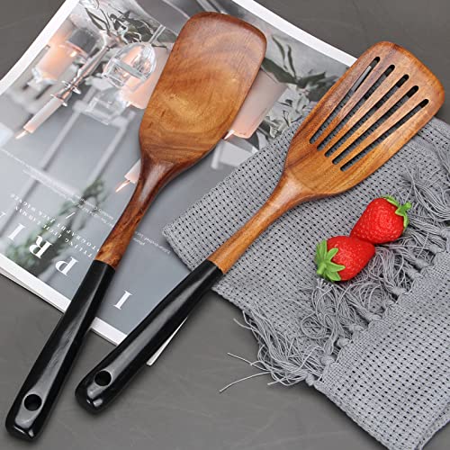 2 Pcs Wooden Spatula Set for Cooking Non Toxic Teak Kitchen Utensils Slotted Pancake Turner Flat Wood Wok Spatulas Bamboo Spoon for Cooking Utensil Set Spurtle Scraper Black Fish Egg Flipper Spatula - color: 2Pcs-Black