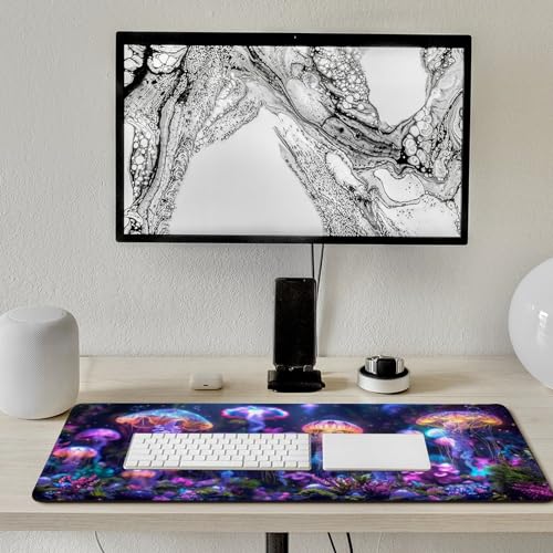 KeKee Colorful Sea Aquarium Neon Jellyfish Octopus Mushrooms Large Mouse Pad Gaming Mousepad Desk Pad for Keyboard and Mouse Mat Non-Slip Base 40x90cm, Style - size: 40x90cm