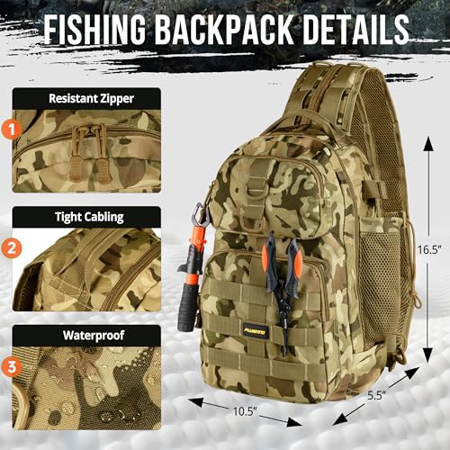 PLUSINNO Fishing Backpack, Fishing Bag, Waterproof Sling Tackle Bag For Fishing Gear With Rod Holder, Fish Gifts for Men - color: Khaki Backpack With Fishing Gear